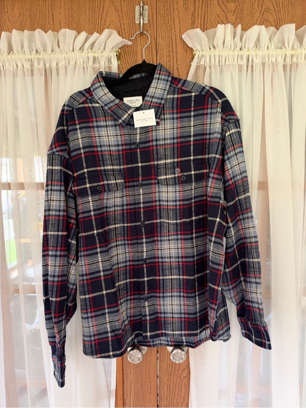 American Eagle Outfitters Navy Red Gray Plaid Button-Down Shirt